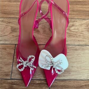 Amina Muaddi Fuchsia Heels with Crystal Bow